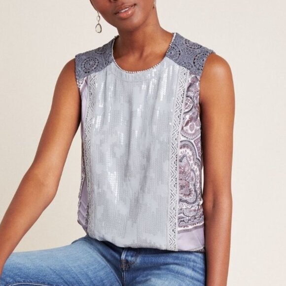 Anthropologie Tops - NWT Crochet Detail Sleeve Sequin Purple top by Anthropologie